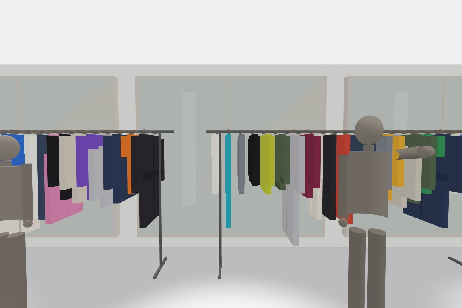 洋服のセレクトショップ。ハンガーラックに服が並び、中央の木の台に靴